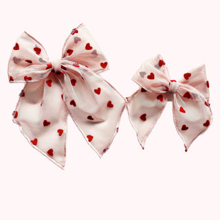 Pink Sheer Flocked Heart Elle Bow - A Roese Boutique