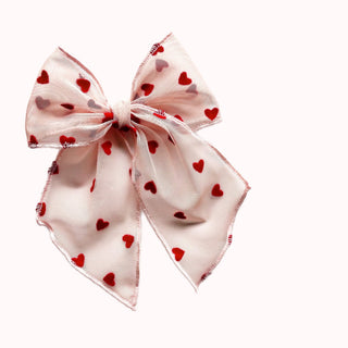 Pink Sheer Flocked Heart Elle Bow - A Roese Boutique