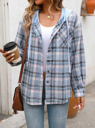 Plaid Button - Up Hooded Shirt - A Roese Boutique
