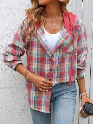 Plaid Button - Up Hooded Shirt - A Roese Boutique
