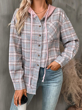 Plaid Button - Up Hooded Shirt - A Roese Boutique