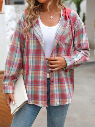 Plaid Button - Up Hooded Shirt - A Roese Boutique