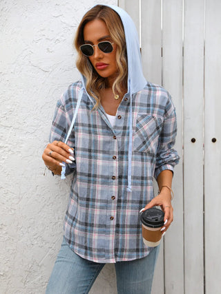 Plaid Button - Up Hooded Shirt - A Roese Boutique