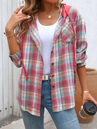 Plaid Button - Up Hooded Shirt - A Roese Boutique