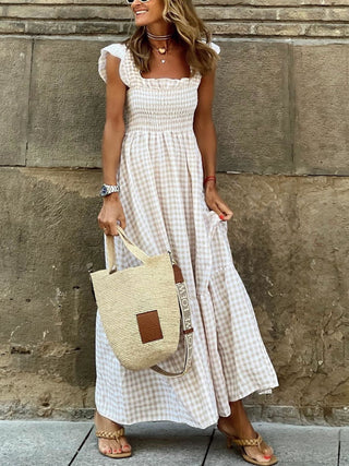 Plaid Ruffle Sleeve Maxi Dress - A Roese Boutique