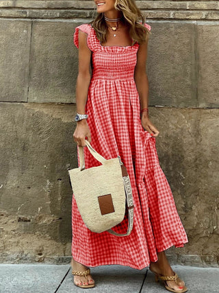 Plaid Ruffle Sleeve Maxi Dress - A Roese Boutique