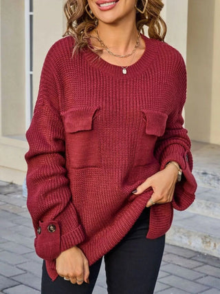 Pocket Detail Round Neck Sweater - A Roese Boutique