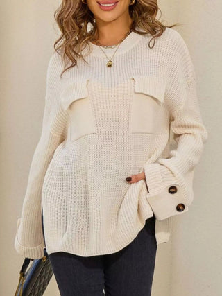 Pocket Detail Round Neck Sweater - A Roese Boutique