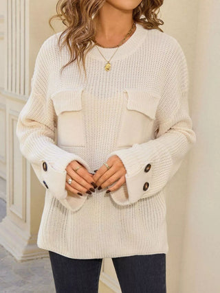 Pocket Detail Round Neck Sweater - A Roese Boutique