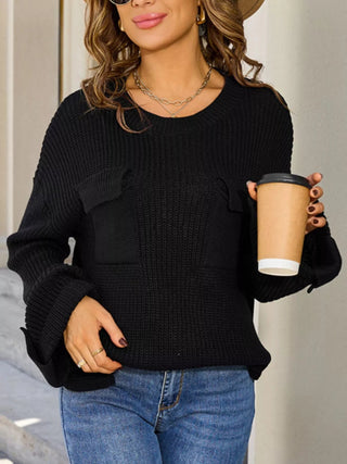 Pocket Detail Round Neck Sweater - A Roese Boutique