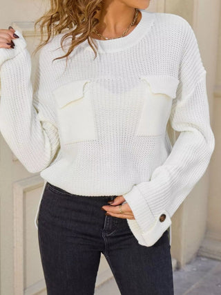Pocket Detail Round Neck Sweater - A Roese Boutique