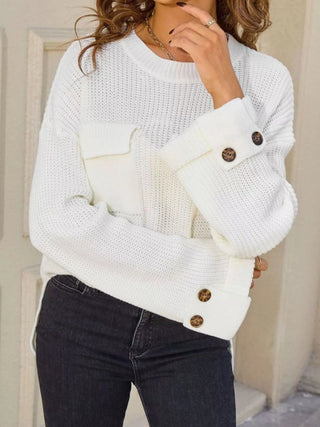 Pocket Detail Round Neck Sweater - A Roese Boutique