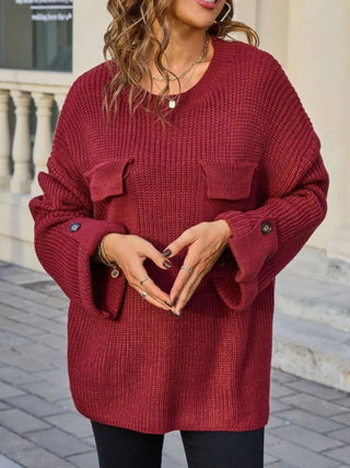 Pocket Detail Round Neck Sweater - A Roese Boutique