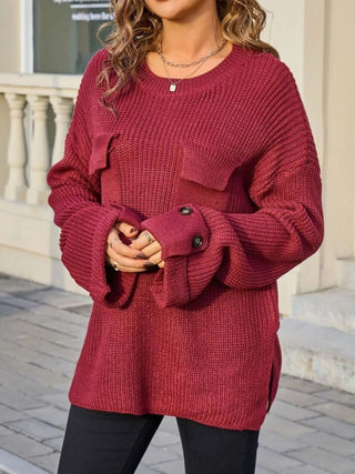 Pocket Detail Round Neck Sweater - A Roese Boutique