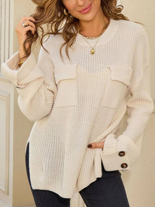 Pocket Detail Round Neck Sweater - A Roese Boutique