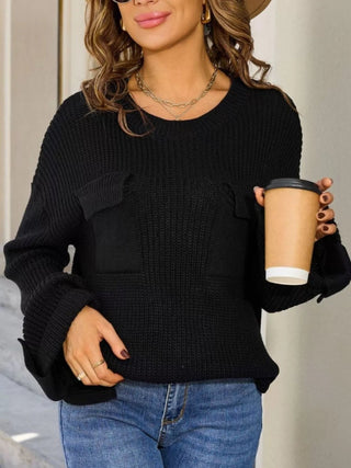 Pocket Detail Round Neck Sweater - A Roese Boutique