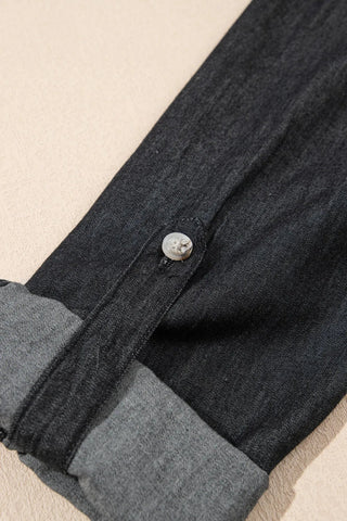 Pocketed Collared Neck Long Sleeve Denim Top - A Roese Boutique