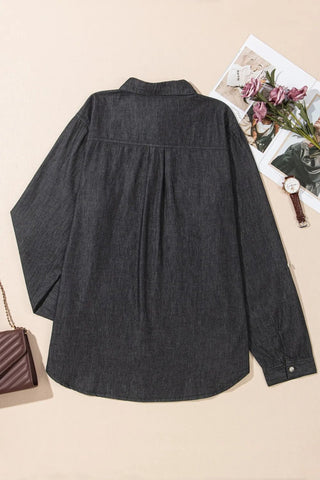 Pocketed Collared Neck Long Sleeve Denim Top - A Roese Boutique