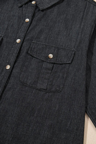 Pocketed Collared Neck Long Sleeve Denim Top - A Roese Boutique