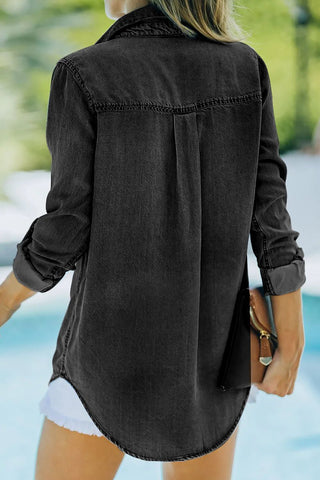 Pocketed Collared Neck Long Sleeve Denim Top - A Roese Boutique