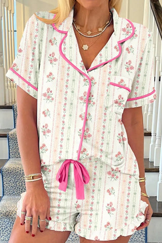 Printed Button Up Short Sleeve Top and Shorts Lounge Set - A Roese Boutique
