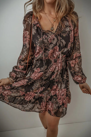 Printed Tie Neck Long Sleeve Mini Dress - A Roese Boutique