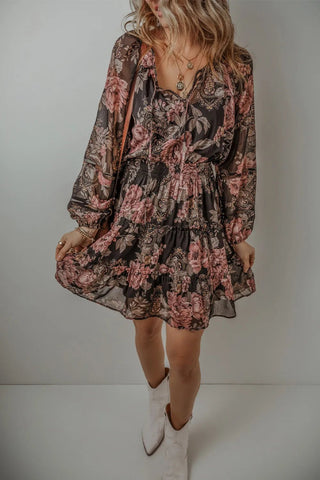 Printed Tie Neck Long Sleeve Mini Dress - A Roese Boutique