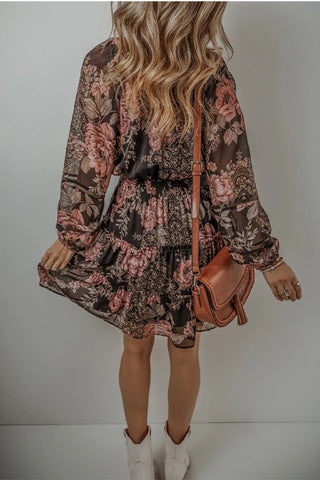 Printed Tie Neck Long Sleeve Mini Dress - A Roese Boutique