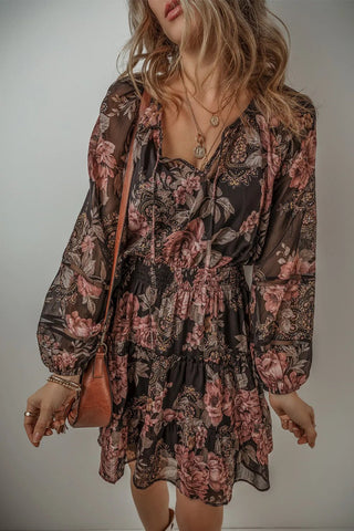 Printed Tie Neck Long Sleeve Mini Dress - A Roese Boutique