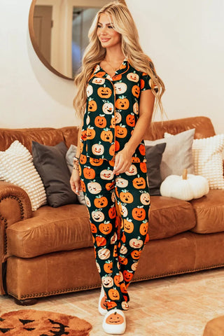 Pumpkin Printed Short Sleeve Top and Pants Lounge Set - A Roese Boutique