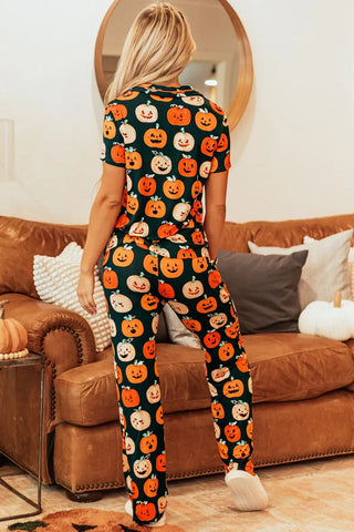 Pumpkin Printed Short Sleeve Top and Pants Lounge Set - A Roese Boutique