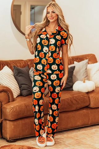 Pumpkin Printed Short Sleeve Top and Pants Lounge Set - A Roese Boutique