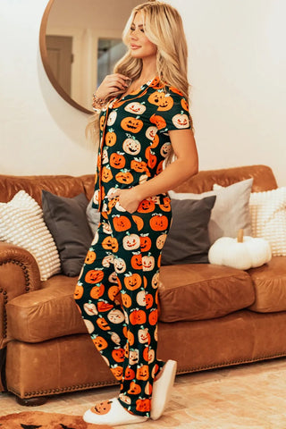 Pumpkin Printed Short Sleeve Top and Pants Lounge Set - A Roese Boutique