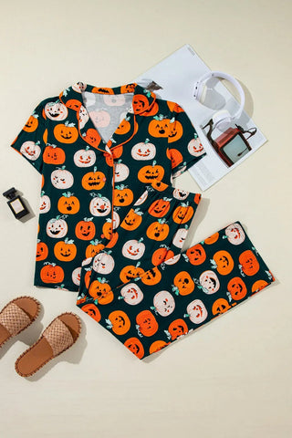 Pumpkin Printed Short Sleeve Top and Pants Lounge Set - A Roese Boutique
