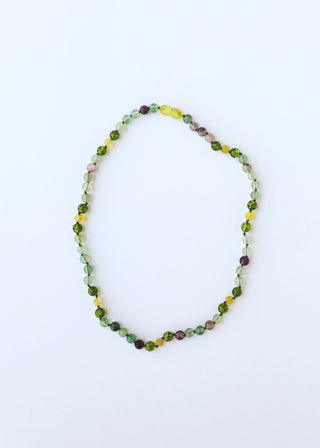 Raw Baltic Sea Amber + Fluorite + Peridot || Gemstone Necklace - A Roese Boutique