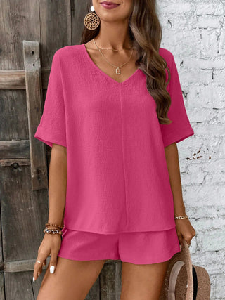 Relaxed Fit V - Neck Top and Shorts Two - Piece Set - A Roese Boutique