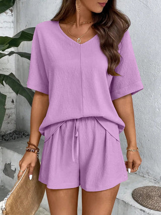 Relaxed Fit V - Neck Top and Shorts Two - Piece Set - A Roese Boutique