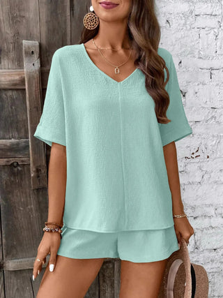 Relaxed Fit V - Neck Top and Shorts Two - Piece Set - A Roese Boutique