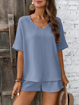 Relaxed Fit V - Neck Top and Shorts Two - Piece Set - A Roese Boutique