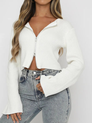 Ribbed Zip - Up Cropped Cardigan - A Roese Boutique