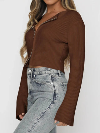Ribbed Zip - Up Cropped Cardigan - A Roese Boutique