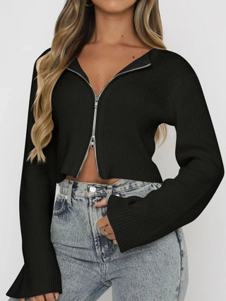 Ribbed Zip - Up Cropped Cardigan - A Roese Boutique