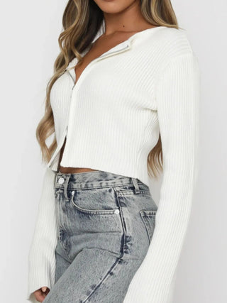 Ribbed Zip - Up Cropped Cardigan - A Roese Boutique
