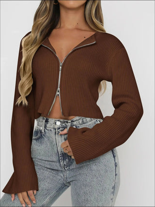 Ribbed Zip - Up Cropped Cardigan - A Roese Boutique