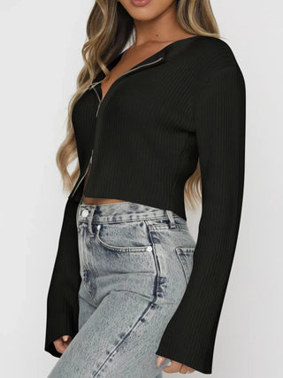Ribbed Zip - Up Cropped Cardigan - A Roese Boutique
