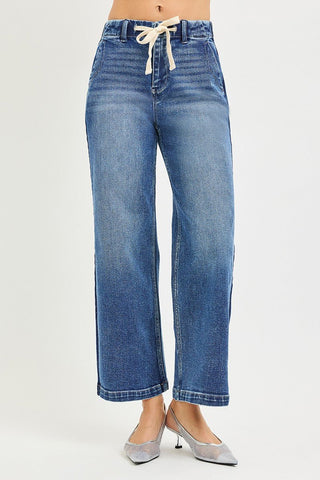 RISEN Elastic Band High Rise Cropped Wide Jeans - A Roese Boutique