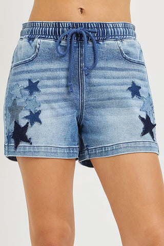 RISEN Elastic Band Slouchy Denim Shorts with Star Patched Details - A Roese Boutique