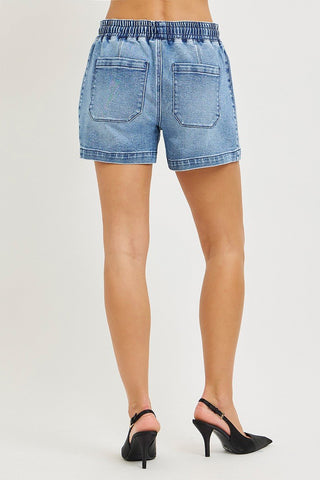 RISEN Elastic Band Slouchy Denim Shorts with Star Patched Details - A Roese Boutique