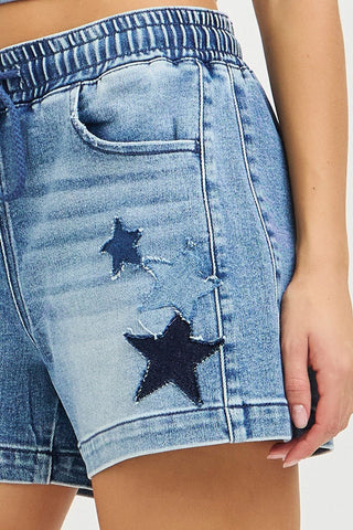 RISEN Elastic Band Slouchy Denim Shorts with Star Patched Details - A Roese Boutique