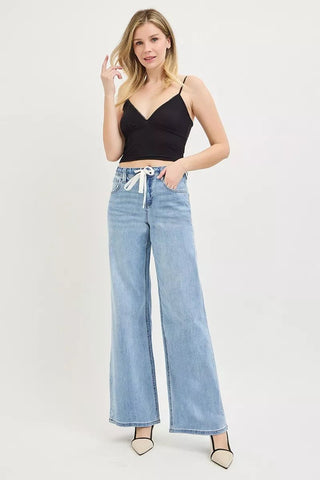 RISEN Elastic Band Slouchy Wide Jeans with Drawstring - A Roese Boutique